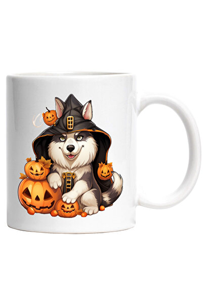 StoryGift Romania Cana cu un caine Malamut de Alaska | ilustratie | gluga | Halloween | dovleci de, Cu Maner Alb