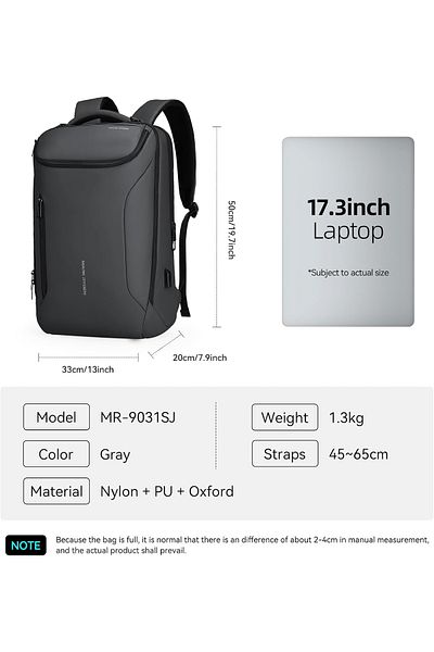 Mark Ryden Men's backpack Mark Ryden Smart, 17.3 laptop, water resistant, USB port, 32L, 50 x 30 x 20 cm, gray