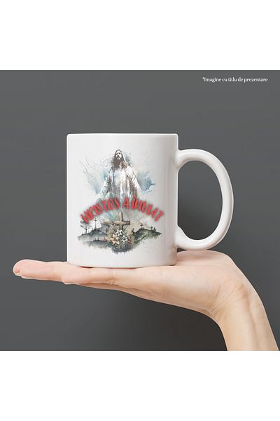 StoryGift Romania Cana hristos a înviat issus in cer paste sarbatori, 330ml, Ceramic cu Maner Alb, Cu Maner Alb