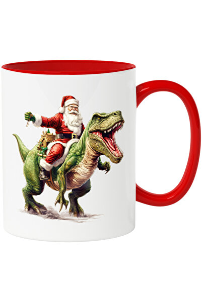 StoryGift Romania Cana cu Mos Craciun care sta pe un dinozaur verde | T-Rex | dinti ascutiti | sar, Cu Maner Rosu