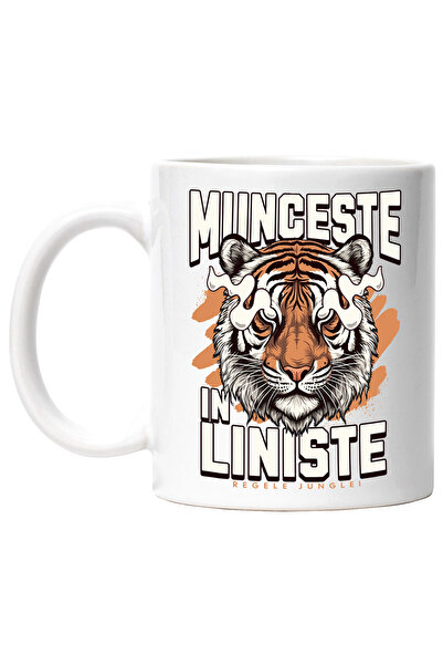 StoryGift Romania Cana Munceste in liniste-Tigru, 330ml, Ceramic cu Maner Alb...