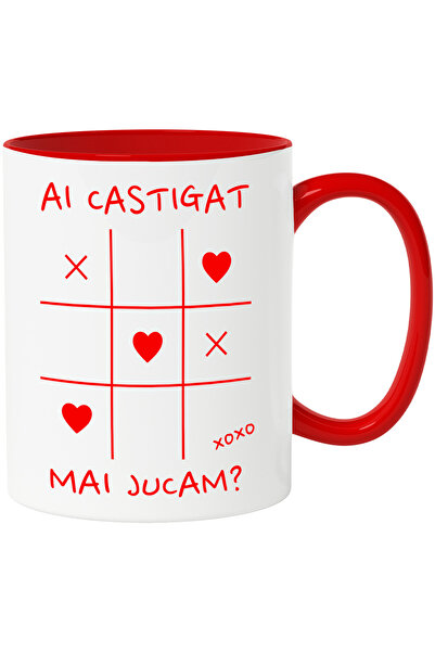 StoryGift Romania Cana cu Tabel Joc Haios X Si 0 Mesaj Ai Castigat mai Jucam, Dragoste, Ceramica, , Cu Maner Rosu