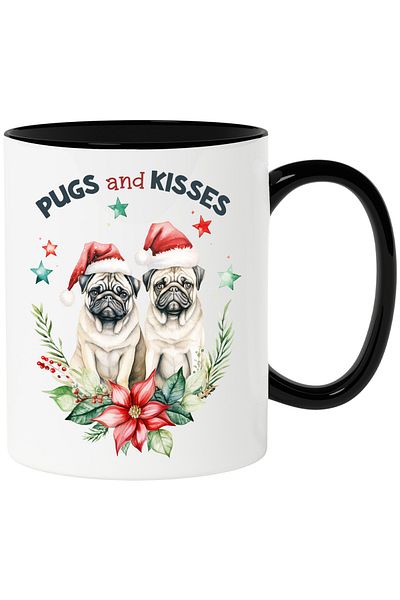 StoryGift Romania Mug with 2 boxer dogs with the message "Pugs and kisses", Merry Christmas, illustration, With ,STG