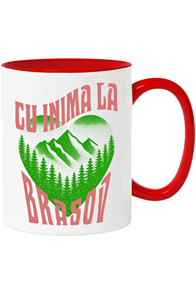 StoryGift Romania Cana cu Inima Verde Cu Priveliste Montana Padure, Text Cu Inima La Brasov, Ceram, Cu Maner Rosu