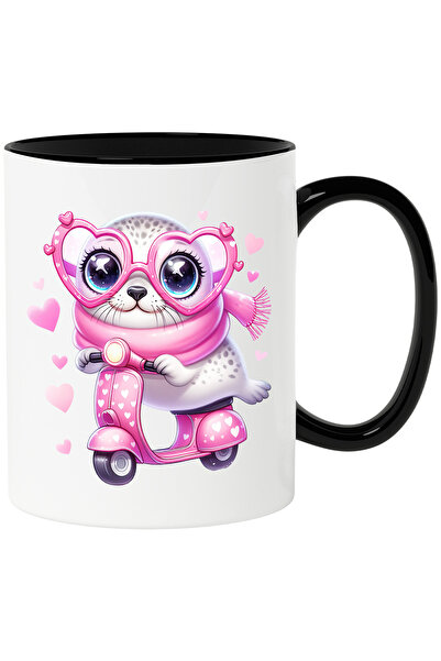 StoryGift Romania Cana cu o foca fericita care conduce un scuter | ilustratie | inimioare | ochela, Cu Maner Negru