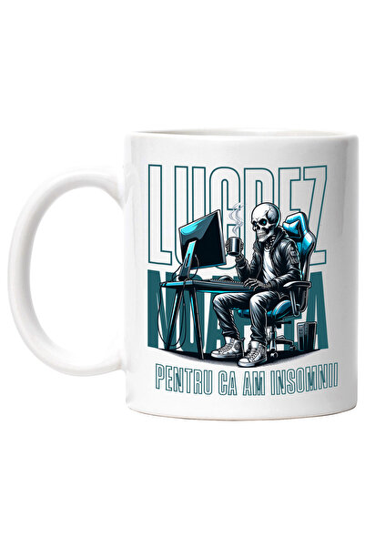 StoryGift Romania Cana lucrez noaptea schelete la birou work from home, 330ml, Ceramic cu Maner Al, Cu Maner Alb