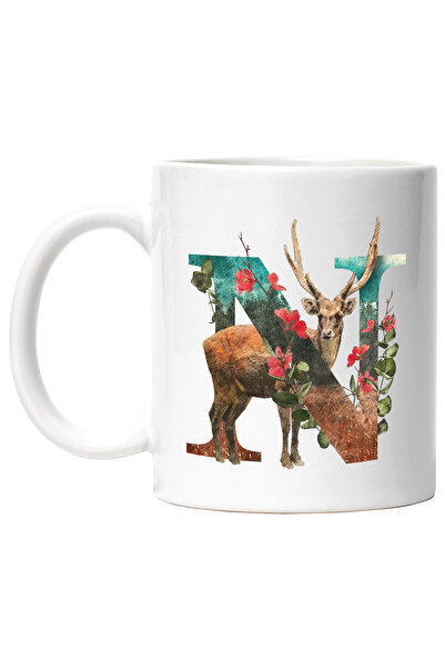 StoryGift Romania Cana Cu Litera, N, Cerb, Flori, Multicolor 330 ml, Ceramica...