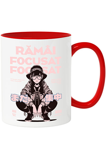 StoryGift Romania Mug Stay Focused. Urban Woman Anime Style Drawings, 330ml, Ceramic with Red Handle, With Red Handle