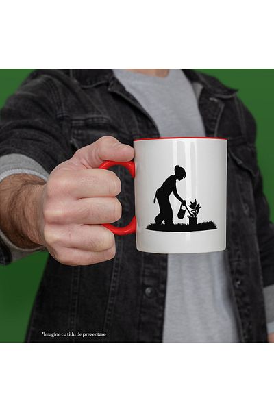 StoryGift Romania Mug with a housewife taking care of a plant with a red handle, with a red handle STG, STG, STG