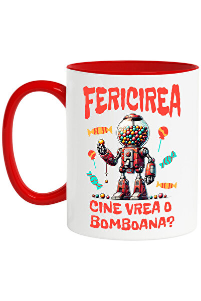 StoryGift Romania Cana cu Tonomat Vintige De Bomboane Text Fericirea Cine Vrea O Bomboana, Ceramic, Cu Maner Rosu