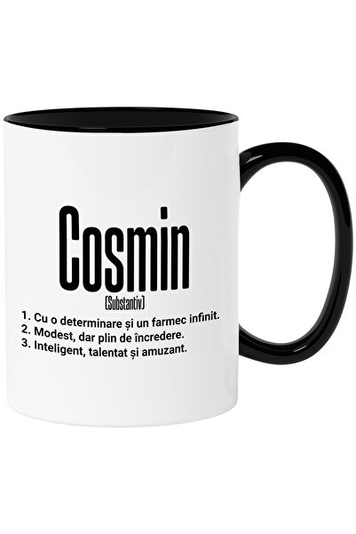 StoryGift Romania Cana Cu Numele Cosmin, Determinare, Modest, Inteligent, Amuzant, Personalizat, C, Cu Maner Negru