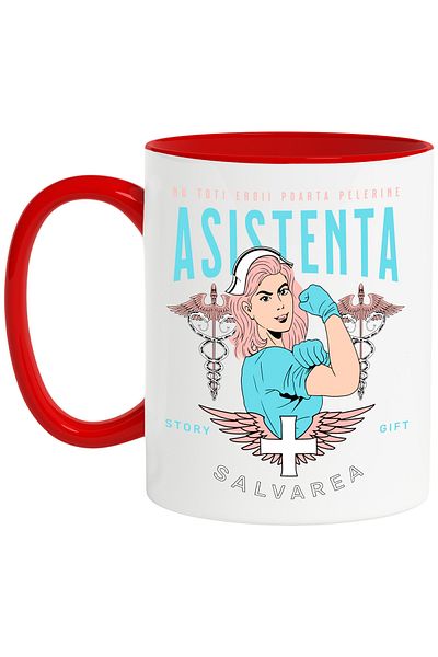 StoryGift Romania Cana asistenta medicala super erou salvarea , 330ml, Ceramic cu Maner Rosu, Cu Maner Rosu