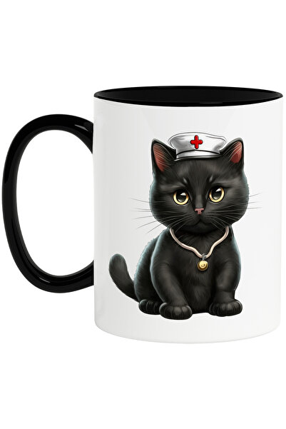 StoryGift Romania Cana cu o pisicuta cu boneta medicala | asistenta | ilustratie | neagra | trista, Cu Maner Negru