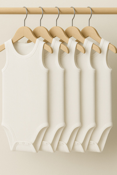 HEPSİ BEBEK Cotton 5-Piece Strap Baby Undershirt Set - Baby Badi - Unisex White Color - Underwear