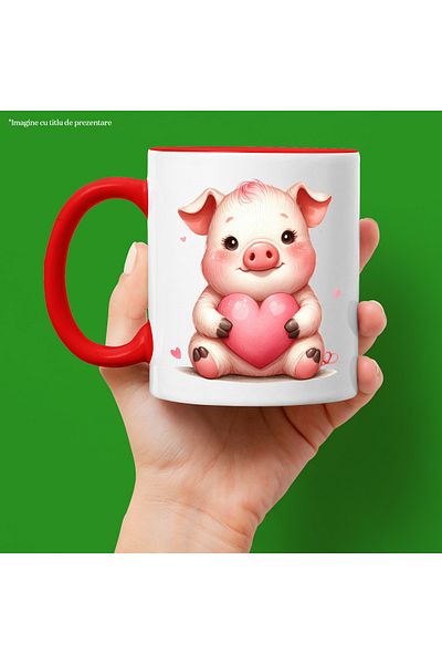 StoryGift Romania Mug with a piglet holding a heart in its arms | illustration | love | affection, With ,STG