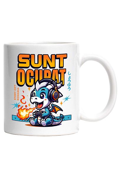 StoryGift Romania Cana cu Dragon Cu Flacari Casti Audio Text sunt Ocupat Jocuri Video, Ceramica, 3, Cu Maner Alb