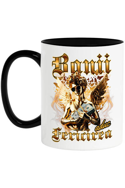 StoryGift Romania Cana cu Statuie De Aur Cu Aripi Si Ochelari De Soare Text Banii Aduc Fericire, C, Cu Maner Negru