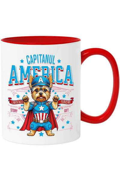 StoryGift Romania Cana cu Yorkshire Terrier Caine In Costum de Capitan Americ...