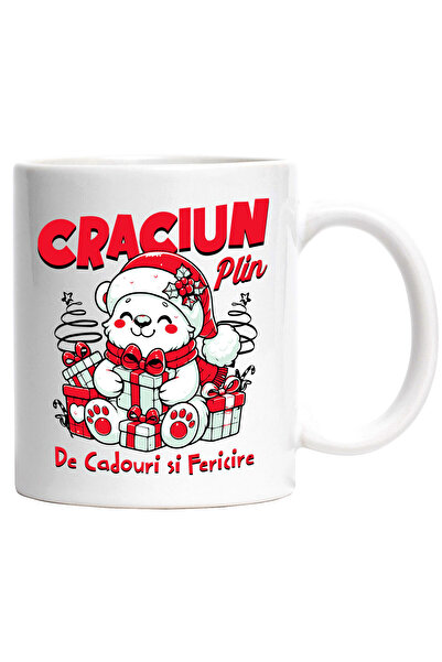 StoryGift Romania Cana cu Urs Alb Vesel Cu Cadouri Colorate Text Craciun Plin...