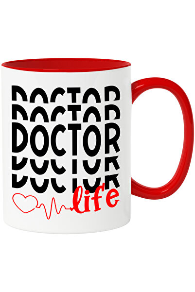 StoryGift Romania Cana cu inimioara si textul "Doctor life" - viata de doctor cu Maner Rosu, Cu Maner Rosu