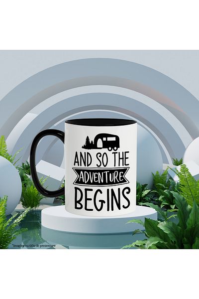 StoryGift Romania Mug with a caravan and trees with the message "And so the adventure begins" - and so on, With ,STG