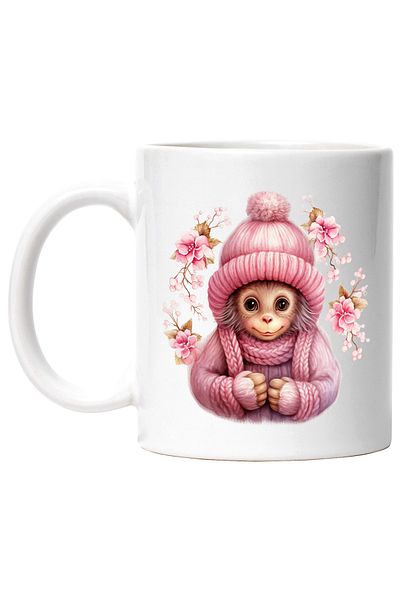 StoryGift Romania Cana cu o maimutica imbracata gros | ilustratie | floricele | caciula | haine ca, Cu Maner Alb