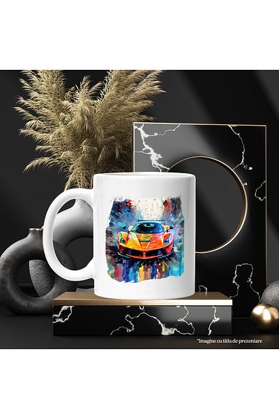 StoryGift Romania Cana Cu Masina Sport, Viteza, Ilustratie Watercolor, Multicolor 330 ml, Ceramica, Cu Maner Alb