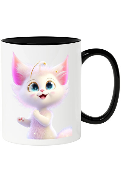 StoryGift Romania Cana Cu Desen Pisica, Desene, Animale, Disney, Cat,Ceramica, 330ml, cu Maner Neg, Cu Maner Negru
