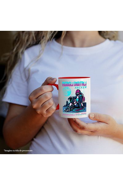 StoryGift Romania Cana Fata pe cladire luna Rebeli digitali. Hacker, 330ml, Ceramic cu Maner Rosu, Cu Maner Rosu