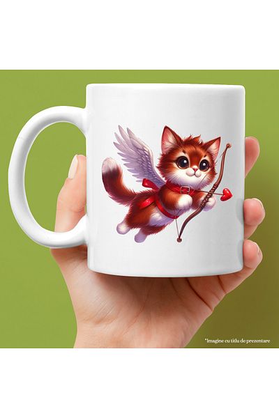 StoryGift Romania Cana cu o pisicuta vesela care trage cu arcul | Valentine's Day | aripi | zboara, Cu Maner Alb STG