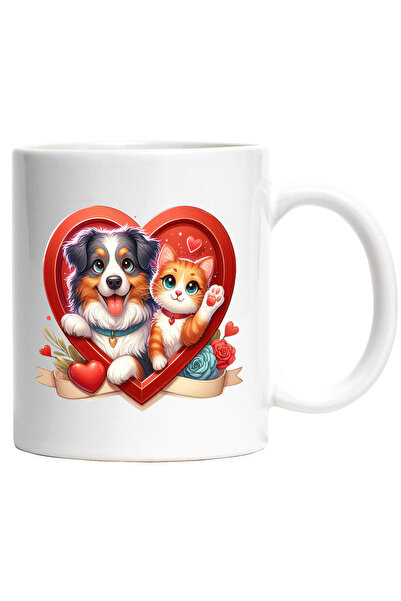 StoryGift Romania Cana o pisicuta si un catel | veselie | rama in forma de inima | flori | inteleg, Cu Maner Alb