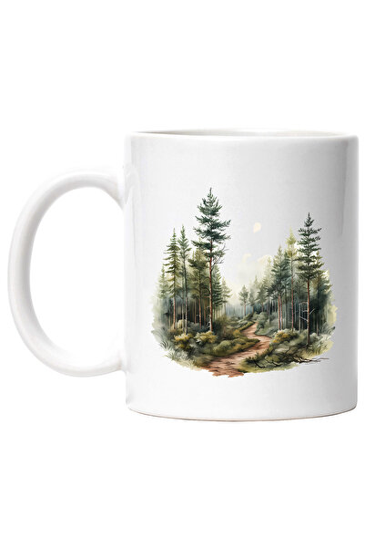 StoryGift Romania Cana cu un peisaj forestier, ilustratie, natura, padure, copaci, verdeata, liber, Cu Maner Alb