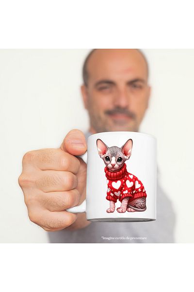 StoryGift Romania Cana cu o pisicuta Sfinx care poarta o bluza groasa | ilustratie | cu inimioare , Cu Maner Alb