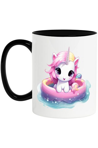 StoryGift Romania Cana cu un unicorn care sta intr-o barcuta | ilustratie | pe mare | apa | evadar, Cu Maner Negru