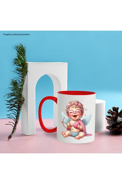 StoryGift Romania Mug with a baby Cupid, illustration, wool, poppies, wings, falling in love, Va, Cu, STG.