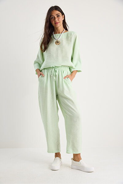 Bianco Lucci Γυναικεία μπλούζα με μισό μανίκι με λαιμόκοψη με ελαστική μέση φαρδύ παντελόνι κάτω-κορυφή 60283118