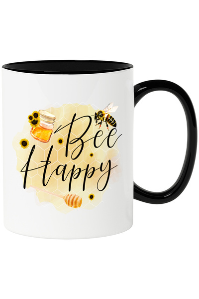 StoryGift Romania Cana cu albina cu fundal de fagure cu mesajul "Bee Happy", fericire, bucurie, ve, Cu Maner Negru