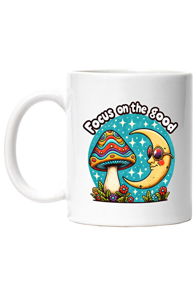 StoryGift Romania Cana cu mesajul "Focus on the good", stilul hippie, cultura, ilustratie, psihede, Cu Maner Alb