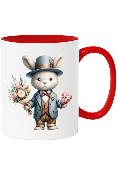 StoryGift Romania Cana cu un iepure la costum care tine un buchet cu flori si o cutie cu bomboane , Cu Maner Rosu