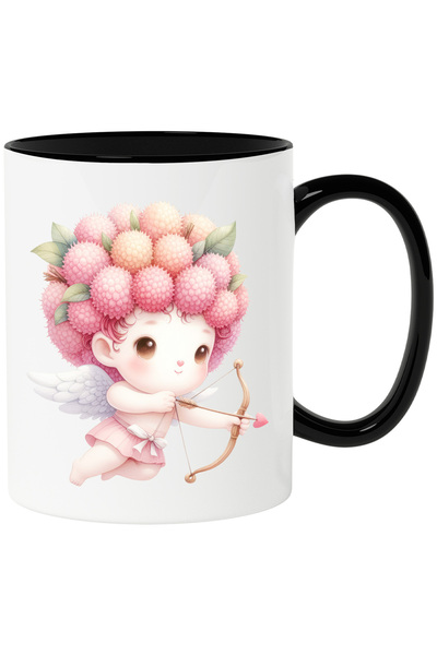 StoryGift Romania Cana cu un bebelus Cupidon care trage cu arcul | ilustratie | fragi pe cap | ari, Cu Maner Negru