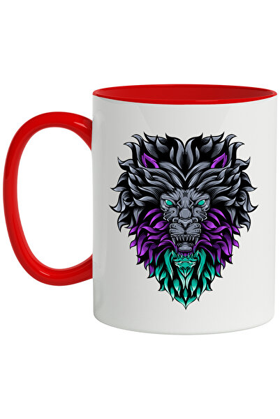 StoryGift Romania Cana Cu Cap De Leu, Coama, Animal, Abstract, Ilustratie, Multicolor 330 ml, Cera, Cu Maner Rosu