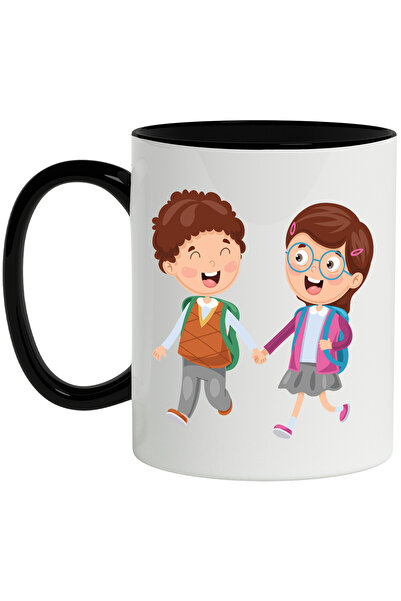 StoryGift Romania Cana Cu Fata, Baiat, Scoala, Elevi, Ghiozdan, Ochelari, Multicolor 330 ml, Ceram, Cu Maner Negru