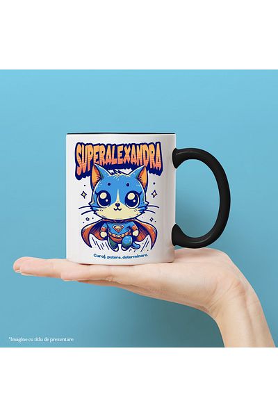 StoryGift Romania Super Alexandra Mug, Superhero, Flying Cat, 330ml, Ceramic with Black Handle, With M