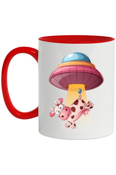 StoryGift Romania Mug With UFO, Cow, Abduction, Aliens, SF, Multicolor 330 ml, Ceramic with Ma, With Red Handle