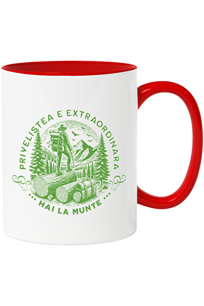 StoryGift Romania Cana hai la munte privelistea e extraordinara munte, 330ml, Ceramic cu Maner Ros, Cu Maner Rosu
