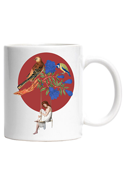 StoryGift Romania Cana Cu Arta Abstracta, Femeie, Pasari, Leagan, Rochie, Creanga, Multicolor 330 , Cu Maner Alb