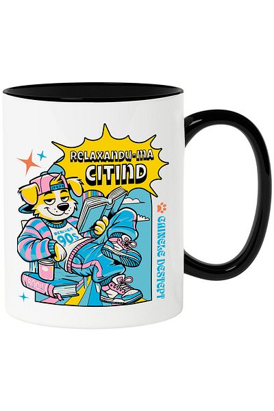 StoryGift Romania Dog Mug Street Style Colorful Cheerful With Book Funny Hobby Text In Roma Language, With Black Handle