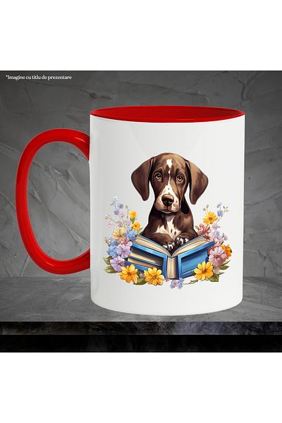 StoryGift Romania Mug with a puppy looking surprised | holding an open book | reading | learning, With ,STG