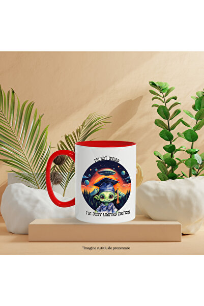 StoryGift Romania Mug with an alien wearing a graduation hat | illustration | message "I'm not, With ,STG"