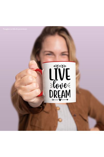 StoryGift Romania Mug with a message that encourages you to live, love and dream with a Red Handle, by STG